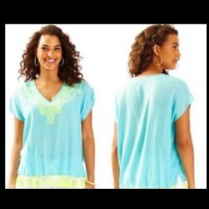 NWT Lilly Pulitzer Kathleen tunic L/XL Serene blue yellow stitching NEW